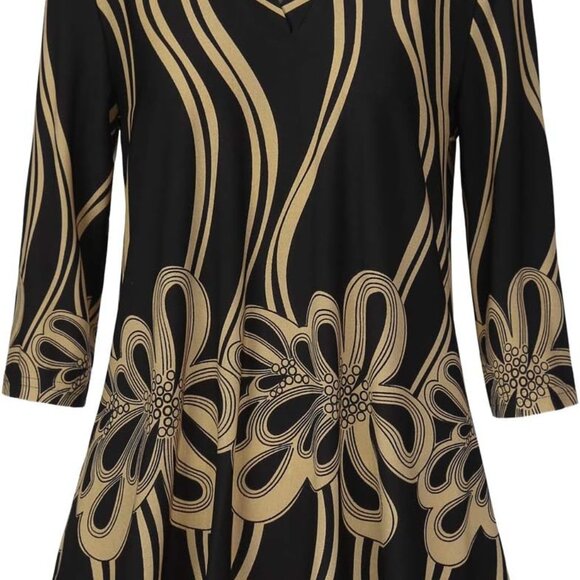 Womens 3/4 Sleeve Floral Printed Notch V Neck Blouses Tunics Tops - Picture 1 of 6